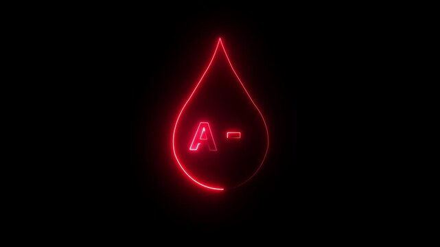 glowing neon A negative Blood icon drop animation on black background. Blood donation concept, blood transfusion. A negative blood drop icon animation. 4k motion video.