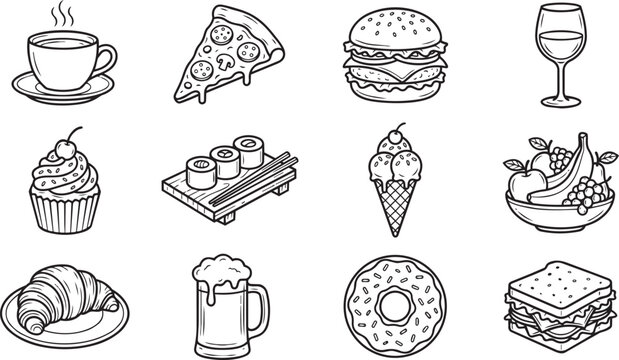 Minimalist food and drink icons set, 12 black and white line art food illustrations, restaurant menu vector elements, fast food and beverage graphics