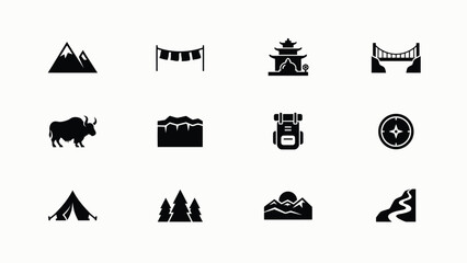 Minimalist adventure with high contrast collection twelve black silhouette icons depicting adventure themes including mountains exploration tools against neutral background © Mrittunjoy