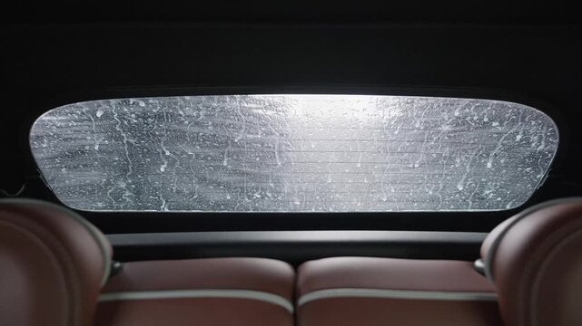 Soapy water and foam covering the rear window of a car during an automatic car wash, seen from the dark interior perspective with leather seats partially visible in the foreground