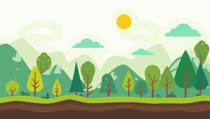Fototapeta premium A vibrant flat design illustration of a lush green forest landscape with rolling mountains, various trees, and a bright sun in the sky.