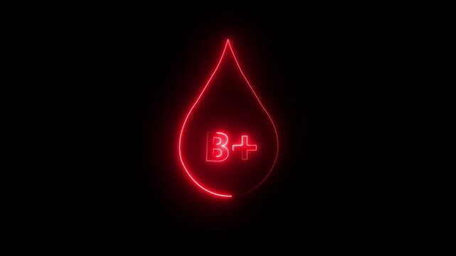 glowing neon B positive Blood icon drop animation on black background.  Blood donation concept, blood transfusion. B positive blood drop icon animation. 4k motion video .