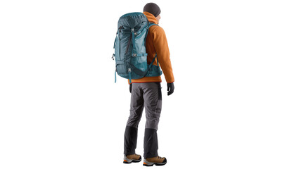 Isolated male hiker with large backpack and warm outdoor clothing ready for adventure © Gabriel