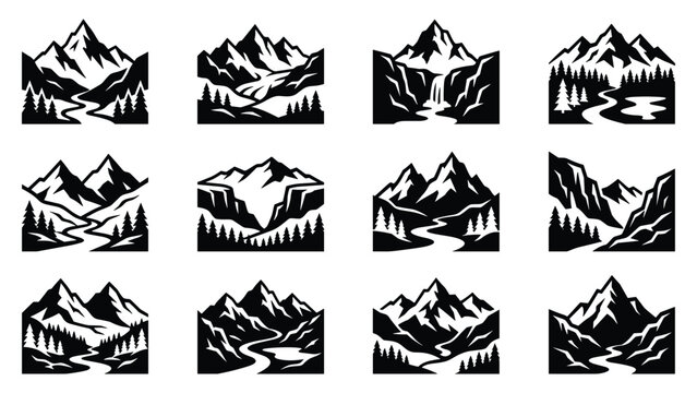 Mountain landscape icon set with pine trees river waterfall canyon wilderness outdoors vector illustration