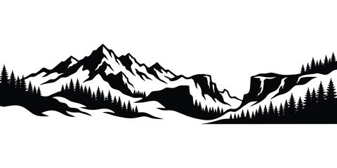 Mountain range pine forest landscape valley scene outdoor adventure vector illustration graphic design element © Md Robin Hasan
