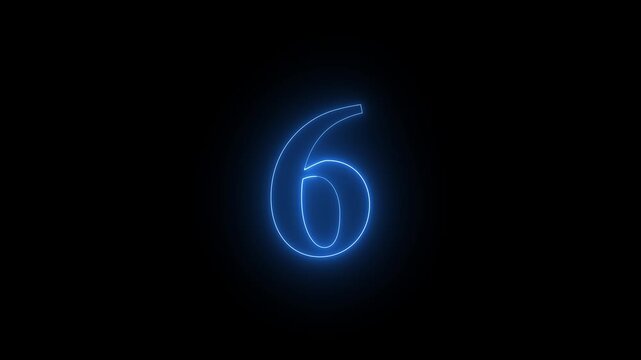 Glowing blue neon number 6 on black background, luminous numeric sign 4k video