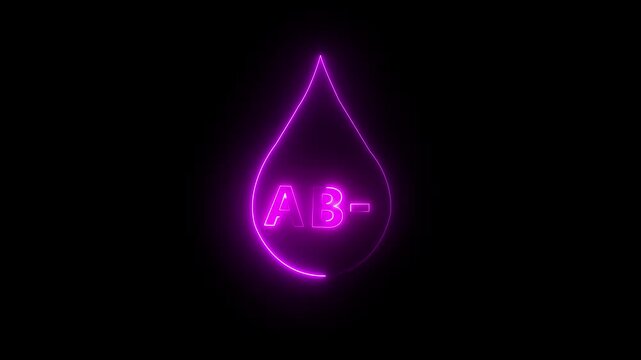 glowing neon AB negative Blood icon drop animation on black background. Blood donation concept, blood transfusion. AB negative blood drop icon animation. 4k motion video.