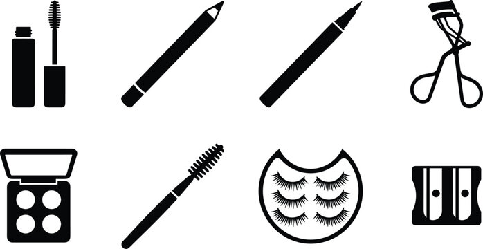 Eye Makeup Tools and Cosmetics Icon Set Featuring Mascara, Eyeliner Pencil, Eyelash Curler, Eyeshadow Palette, Spoolie, and False Lashes