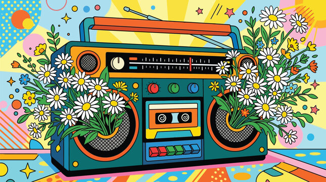 Colorful retro boombox vector illustration featuring vibrant blooming daisies emerging from speakers with a bright energetic pop art aesthetic style