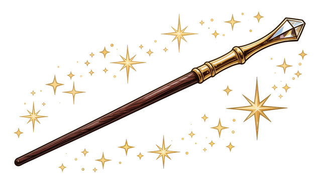 Isolated ornate fantasy magic wand with sparkling golden stars and glowing crystal gem top