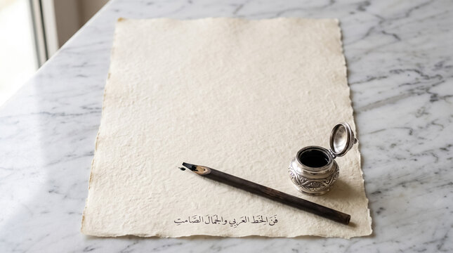 Traditional Reed Pen and Parchment with Copy Space. Islamic Scholarship and Mawlid Concept