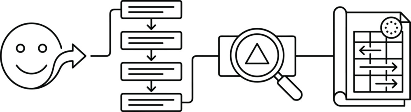 &ldquo;Vector illustration showing workflow process from input to structured steps, analysis inspection, and final planning blueprint design&rdquo;