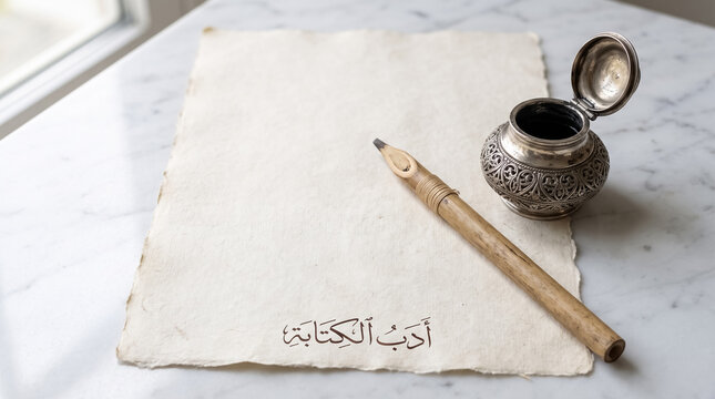 Traditional Reed Pen and Parchment with Copy Space. Islamic Scholarship and Mawlid Concept