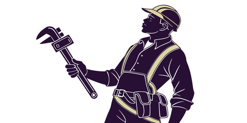 Fototapeta premium Plumber silhouette with wrench, toolbelt, isolated on white background, pipe