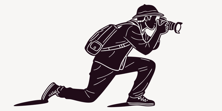 Photographer in black silhouette, dynamic pose with camera, studio lighting photographer silhouette