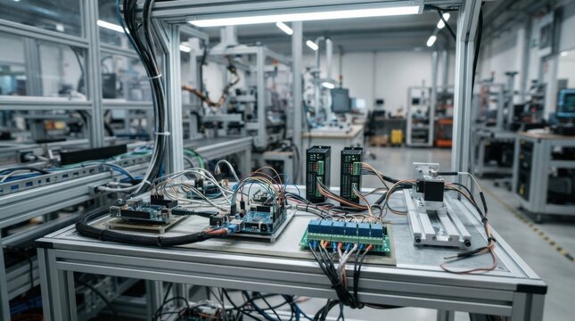 Embedded systems for smart factory automation with microcontroller boards, servo drives, sensors, relay modules, and shielded wiring on a workbench