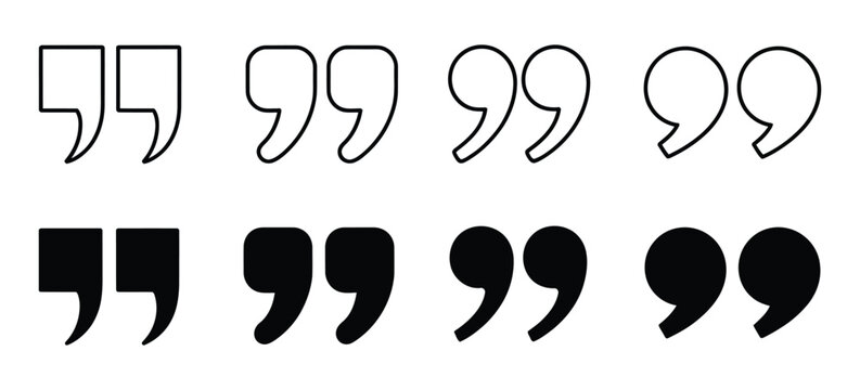 Quotation mark icon set, double quote, inverted comma, speech marks, solid and outline typography symbols, editable vector illustration