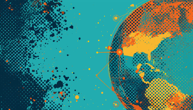 Abstract digital globe with interconnected network lines and dots on a vibrant teal and orange background with grunge and halftone textures, symbolizing global communication and technology.