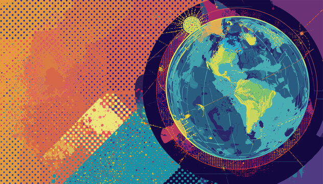 Abstract digital illustration of a vibrant globe with interconnected lines and geometric patterns, representing global communication and data.