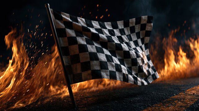 Checkered racing flag amidst vibrant flames and sparks on a dark background, symbolizing speed and victory.
