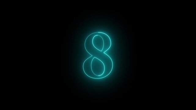 Glowing cyan neon number 8 on black background, luminous numeric sign 4k video