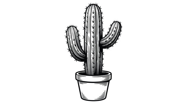 Vintage hand drawn cactus in pot engraving style black and white desert plant succulent illustration for nature garden decoration.