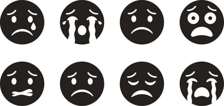 Sad and crying emoji silhouettes set including teardrop crying face worried expression disappointed face and upset emoticons