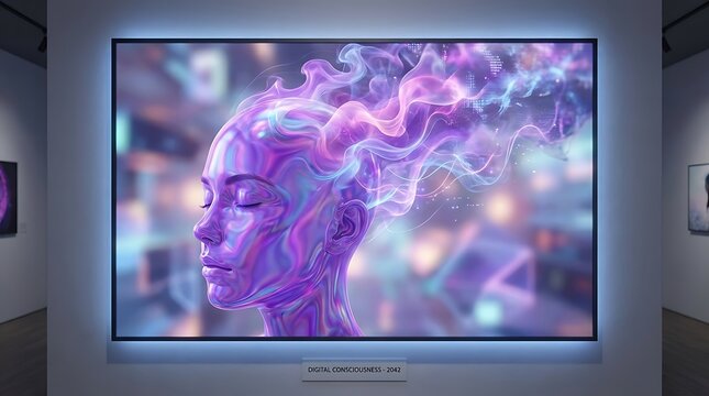 Abstract digital art of a woman face with colorful glowing light effects displayed on a modern gallery wall screen