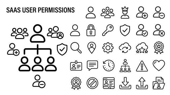 Set of saas user permissions icons, including user management, roles, security, access control, hierarchy, and administrative settings, vector line art