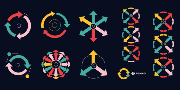 Colorful circle arrow charts. Multicolor spinning arrows, repeat circle combinations and reload icon vector set. Business strategy workflow process infographic elements, circular statistics diagrams. 