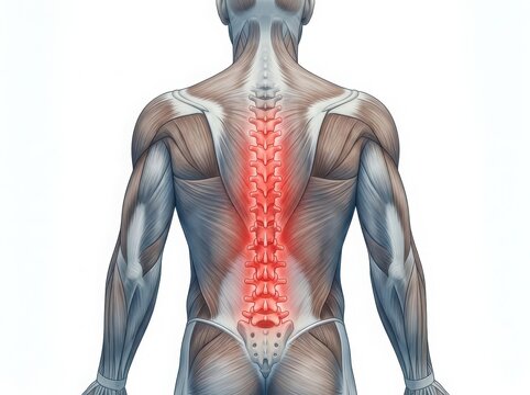 Anatomical illustration of the human back showing the spine and muscles in a clear medical diagram for health and fitness education