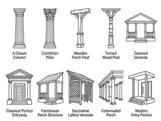 Obraz premium Set of architectural elements for porch and entryway design, including classic columns, pillars, verandas, porticos, and decorative wooden posts