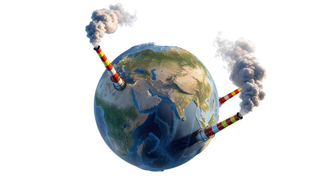 Isolated Earth globe with industrial smokestacks emitting smoke, representing pollution and global warming.