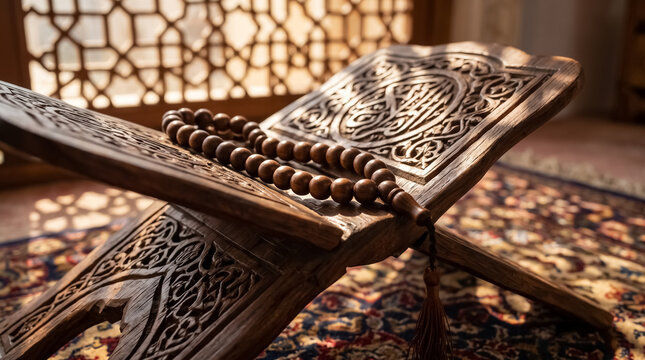 Detailed macro photography of polished tasbih beads resting on an ornate rehal stand, captured in soft natural light with beautiful shadows for a peaceful religious still life concept