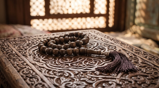 Detailed macro photography of polished tasbih beads resting on an ornate rehal stand, captured in soft natural light with beautiful shadows for a peaceful religious still life concept