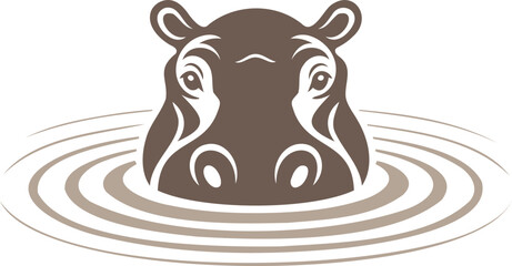 Stylized brown hippopotamus head mascot illustration emerging from water ripples on transparent background for logo design