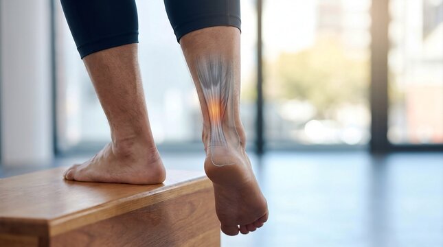 Person Performing Heel Raise Exercise with Achilles Tendon Pain and Anatomy Overlay