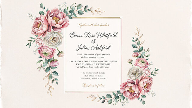 Elegant wedding invitation card featuring floral designs and romantic text details for a June ceremony