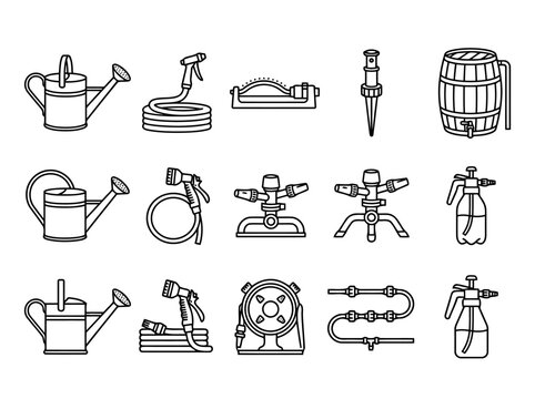 Set of gardening irrigation tools, watering cans, hoses, sprinklers, and sprayers, vector icons