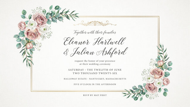 Elegant Wedding Invitation Design Featuring Roses Floral Decorations And Gold Accents For Ceremony Details