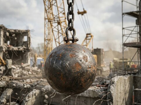 Heavy metal wrecking ball hanging from a crane at a construction demolition site during a building teardown project