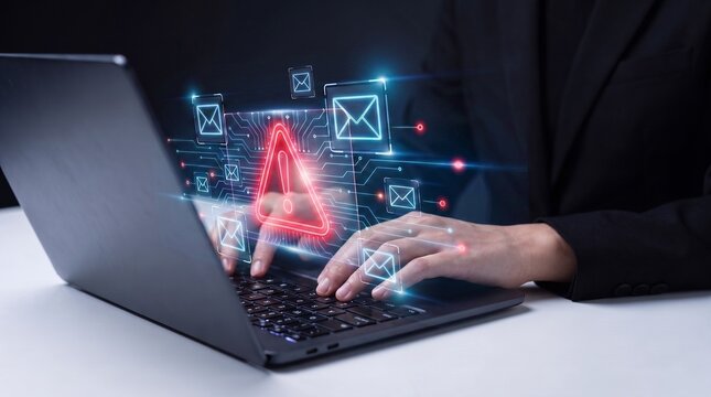 cyber security and email hacking concept showing businessman using laptop with glowing red warning triangle and spam message icons. network vulnerability, virus protection, and data privacy breach