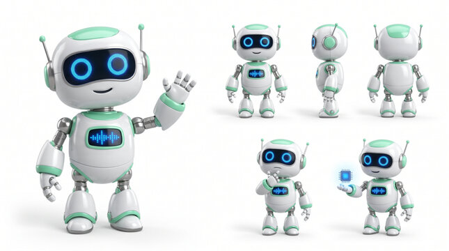3D Cute Cartoon Robot Character Mascot Set. Collection of friendly white and green android bots waving, thinking and holding a microchip for artificial intelligence and future assistant concepts.