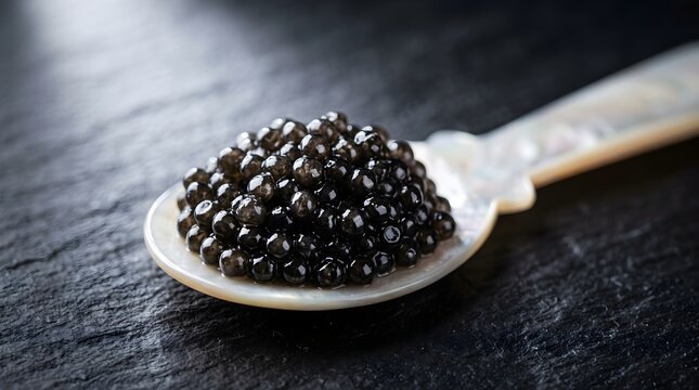 Luxurious black caviar mound served on a mother-of-pearl spoon on a dark slate surface