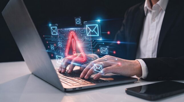 cybercrime and phishing warning concept featuring professional working on computer with electronic email hacking symbols and digital circuit board graphics. cybersecurity defense, malware detection,