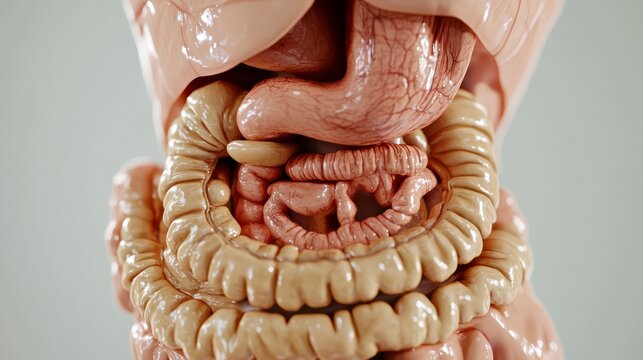Close-up of a detailed anatomical model showcasing the human digestive system, including the stomach, intestines, and other organs.