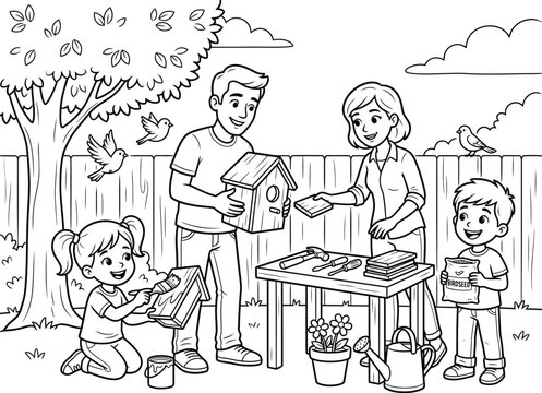 Family building birdhouses intricate coloring pages design for kids and adults printable activity
