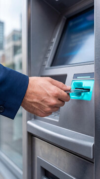 Close-up of a male businessman hand in a professional dark blue suit inserting a credit card into a modern outdoor silver ATM machine on a blurred urban street background.