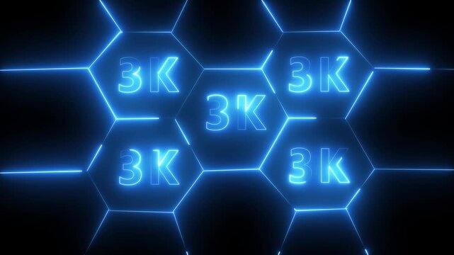 3K celebration effect motion video neon 3k animation on black background. 3k Followers Celebration text animation.  celebrating congratulations for 3K milestone achievement in smooth 4K video.