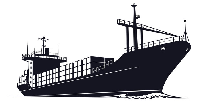 Black cargo ship silhouette, isolated, white background, maritime vessel